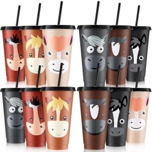 Mifoci 12 Horse Party Favors Horse Cups with Lid Straw 24 oz Plastic Drink Cups Bulk Reusable Tumblers for Birthday Party Themed Gifts