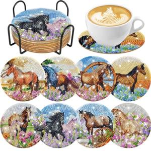 Spring Horse Diamond Art Coasters: 8 Pcs Standing Horse Diamond Painting Coasters with Holder, DIY Crafts Kit for Adults Beginners Home Decor Gifts