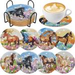Spring Horse Diamond Art Coasters: 8 Pcs Standing Horse Diamond Painting Coasters with Holder, DIY Crafts Kit for Adults Beginners Home Decor Gifts