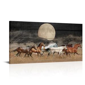 Artsbay Horse Wall Art Running on Grassland Pictures Night Scenery Decor Wild Animal Pictures Wooden Artwork for Bedroom Living Room Office 24x48 Inches