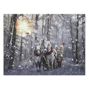 BANBERRY DESIGNS LED Wall Art - Horse Drawn Sleigh - Lighted Canvas Print - Snowy Winter Scene - Cardinals - Measures 12"X16"