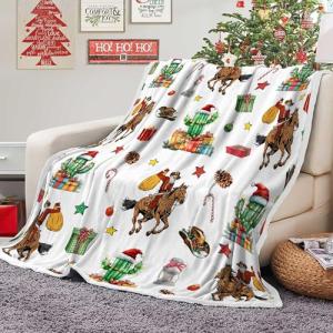 Western Cowboy Christmas Blanket, Cactus Santa Claus Ride Horse Print Ultra-Soft Micro Fleece Blanket - Western Winter Xmas Comfort and Warmth Fuzzy Blanket for Couch Living Room Decor，30"X40"