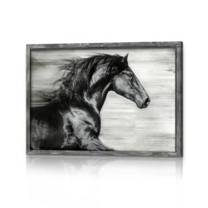 Black Horse Wall Art Framed - Animal Portrait Picture Galloping Horse Painting Wildlife Prints Wood Artwork Decor for Bedroom