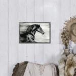 Black Horse Wall Art Framed - Animal Portrait Picture Galloping Horse Painting Wildlife Prints Wood Artwork Decor for Bedroom