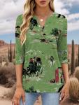 Binshre Womens Western Tops 3/4 Length Sleeve Shirts Graphic Cowboy Chic Shirts for Women V Neck Horse Mountain Print Loose Casual Fall Tunic Blouses Tees