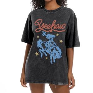 Cayxatiu Western Shirts for Women Vintage Cowgirl Shirt Oversized Rodeo Cowboy Graphic Tees Country Concert Short Sleeve Tops(Black,M)