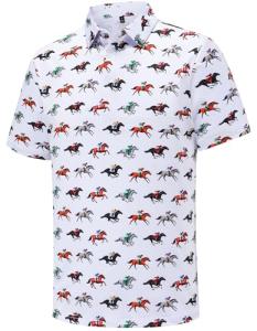 Men's Golf Polo Shirts Funny Golf Shirts for Men Performance Moisture Wicking Quick Dry Athletic Short Sleeve Shirts Horse Race White