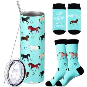 Funnymoom 2 Pack Horse Gifts Set Skinny Tumbler 20 oz Travel Coffee Mug Novelty Cute Animals Socks, Cute Horse Themed for Birthday Christmas Farm Gifts