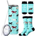 Funnymoom 2 Pack Horse Gifts Set Skinny Tumbler 20 oz Travel Coffee Mug Novelty Cute Animals Socks, Cute Horse Themed for Birthday Christmas Farm Gifts