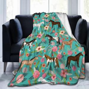Funny Horses Floral Horse Breeds Farm Animal Pets Flowers Ultra-Soft Micro Fleece Blanket Air Conditioning Quilt for Women All Seasons,Fuzzy Large Flannel Fleece Throw Blanket for Bed 50"X40"