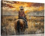 OCRXLYTH Western Cowgirl Riding Horse Canvas Wall Art Cowgirl Wall Decor Pictures Sunset Countryside Landscape Painting Print Vintage Artwork for Living room bedroom country decoration 16x24