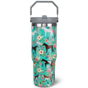 30 oz Horse Tumbler with Handle and Flip Straw, Vacuum Insulated Water Bottle Stainless Steel, Leak Proof Travel Coffee Mug Gifts for Horse Lover, Cute Floral Cup for Home Office Car Outdoors Sports