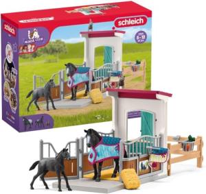 Schleich Horse Club - 34PC Stall Horse Toy Playset with Mare and Foal Figure, Cat Figurine, and Accessories - Stable Extension Set for Girls and Boys - Interactive, Realistic Kids Toys Ages 5+ | 42611