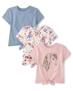 The Children's Place,Girls,Short Sleeve Tie Front Top,Horse/Blue/Daisy 3-Pack,X-Small
