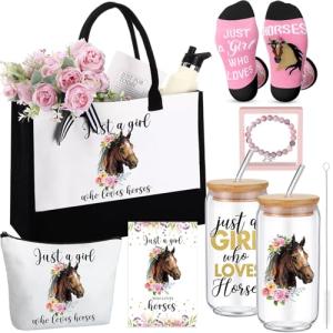 Pickmesh 7 Pack Christmas Horse Lover Gifts, Cute Xmas Horses Gift Set for Women, Canvas Tote Bag, Makeup Bag, 16 oz Glass Cup, Socks, Gift Card Natural Stone Bracelet with Box