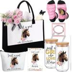 Pickmesh 7 Pack Christmas Horse Lover Gifts, Cute Xmas Horses Gift Set for Women, Canvas Tote Bag, Makeup Bag, 16 oz Glass Cup, Socks, Gift Card Natural Stone Bracelet with Box