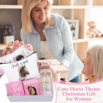 Pickmesh 7 Pack Christmas Horse Lover Gifts, Cute Xmas Horses Gift Set for Women, Canvas Tote Bag, Makeup Bag, 16 oz Glass Cup, Socks, Gift Card Natural Stone Bracelet with Box