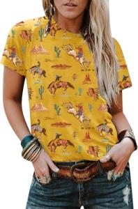 Tewmeu Cowgirl Outfits for Women Vintage Western Aztec Rodeo T Shirts Cactus Desert Graphic Tee Tops