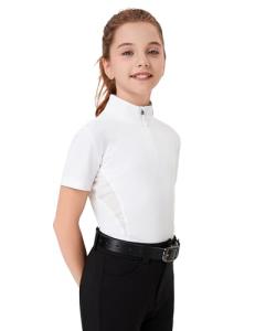 FitsT4 Sports Girls Short Sleeve Equestrian Shirt Quick Dry Horse Riding Shirts Half Zip Horseback Show Shirt Summer Athletic Tops White Small