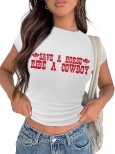 Tewmeu Cropped Cowgirl Outfits for Women Western Rodeo Crop Tops Cowboy Country Concert Graphic Tees