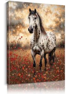 Framed Wild Horse Wall Art - 12x16 Inch Rustic Wildflower Animal Canvas Print for Farmhouse Living Room Decor