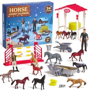 Horse Advent Calendar 2025, 24 Days Christmas Countdown Calendar with 12 Horse Figures & Realistic Stable Accessories, Ideal Xmas Gift for Toddlers Kids Boys & Girls