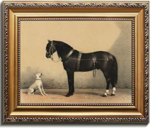 Kizbok Gold Framed Wall Art for Home Decor, Vintage Dog and Black Horse Oil Painting, Farmhouse Wall Decor Western Canvas Prints, Rustic Animal Picture Wall Decor, Antique Bedroom Framed Art for Living Room Bathroom Gallery Nursery Decoration - 9x12inch