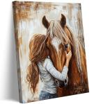 little Girl and Horse Canvas Wall Art Retro Warm Earth Tones Wall Decor Picture Little Girl Hugging Chestnut Horse Poster Print for living Room Bedroom Study Artwork Home Decoration 16x24in