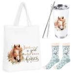 CIXICM Horse Tumbler Gifts, Just a Girl Who Loves Horse Including 20 oz Stainless Steel Tumbler with Lid and Straw, Reusable Tote Bag Socks Themed Birthday Gifts for Women Girls Animals Lovers