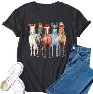 Merry Christmas Horse Shirt Horse Christmas Tops Xmas Lights Tee Tops Grey