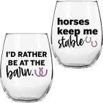 Horse Gifts for Horse Lovers - “Horses Keep Me Stable” “I’d Rather Be At The Barn” 17Oz 2PC Stemless Wine Glass Set, Colored - Funny Horse Gifts For Women - Horse Cup/Tumbler for Horse Lovers