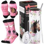 Umigy 2 Pcs Christmas Horse Gifts 2025 Horse Gifts Novelty Socks & 20 oz Skinny Water Tumbler with Lids Straw and Straw Brushes Stuff for Women Lovers Birthday Racing Festival