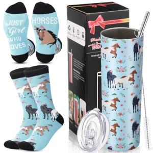 Umigy 2 Pcs Horse Gifts Novelty Socks & 20 oz Skinny Water Tumbler with Lids Straw and Straw Brushes Stuff for Women Lovers Birthday Horse Racing Festival Gifts
