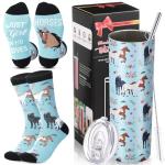 Umigy 2 Pcs Horse Gifts Novelty Socks & 20 oz Skinny Water Tumbler with Lids Straw and Straw Brushes Stuff for Women Lovers Birthday Horse Racing Festival Gifts