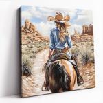DRLWGTY Vintage Western Cowgirl Riding Horse Wall Art, Back View Artwork with Hand Applied Gemstone and Silver Paint Texture Details, Large Canvas for Bedroom and Living Room, Ready to Hang