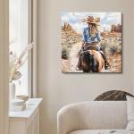 DRLWGTY Vintage Western Cowgirl Riding Horse Wall Art, Back View Artwork with Hand Applied Gemstone and Silver Paint Texture Details, Large Canvas for Bedroom and Living Room, Ready to Hang