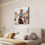 DRLWGTY Vintage Western Cowgirl Riding Horse Wall Art, Back View Artwork with Hand Applied Gemstone and Silver Paint Texture Details, Large Canvas for Bedroom and Living Room, Ready to Hang