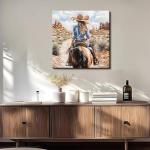 DRLWGTY Vintage Western Cowgirl Riding Horse Wall Art, Back View Artwork with Hand Applied Gemstone and Silver Paint Texture Details, Large Canvas for Bedroom and Living Room, Ready to Hang