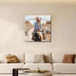 DRLWGTY Vintage Western Cowgirl Riding Horse Wall Art, Back View Artwork with Hand Applied Gemstone and Silver Paint Texture Details, Large Canvas for Bedroom and Living Room, Ready to Hang