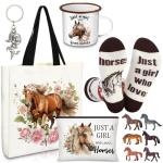 Yeyeplum Horse Lover Gifts for Women Birthday Gifts Baskets Set Include Canvas Tote Bag, Makeup Bag, Socks, Keychain, Enamel Mug, Small Figurines for Mom, Wife, Sister, Friend