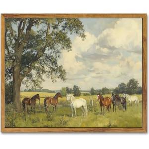 AtterrirArt Framed Vintage Horse Wall Art, 12x16 Inches, Farmhouse Animal Canvas Print, Rural Landscape Wall Decor Aesthetic, Retro Natural Wall Art For Bedroom, Living Room, Ready to Hang