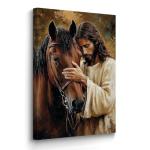 BJYCHG Jesus with Horse Canvas Wall Art Religious Christian Paintings Jesus Touching Horse Head Picture God Cares for Horses Poster Prints for Office Framed (18L x 12W)