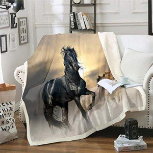 Black Horse Blanket Exotic Tribal Style Throw Blanket 3D Animal Pattern Farmhouse Theme Bed Blanket Cowboys Teens Adult Soft Sherpa Throw Blanket Horse Printed Fleece Blanket, Queen Size