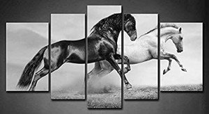 5 Panel Wall Art Black Friesian Running Horse Trot On The Field On Sunset Grass and Flower Painting Pictures Print On Canvas Animal The Picture for Home Modern Decoration Piece (B)