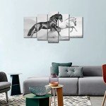5 Panel Wall Art Black Friesian Running Horse Trot On The Field On Sunset Grass and Flower Painting Pictures Print On Canvas Animal The Picture for Home Modern Decoration Piece (B)