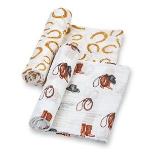 LollyBanks Muslin Swaddle Blankets for Boys, Large 47 x 47 Inches Swaddles for Newborns, 100% Cotton Breathable and Lightweight Baby Blanket, Baby Essentials, Registry (Cowboy and Horseshoe 2 Pack)