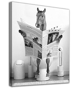 Funny Horse Bathroom Canvas Wall Art Black and White Fun Picture Farmhouse Bathroom Wall Decoration Horse Sitting on Toilet Reading Newspaper Bathroom Artwork Horse Art Ready to Hang 12" x 16"