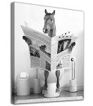 Funny Horse Bathroom Canvas Wall Art Black and White Fun Picture Farmhouse Bathroom Wall Decoration Horse Sitting on Toilet Reading Newspaper Bathroom Artwork Horse Art Ready to Hang 12" x 16"