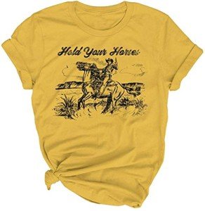 Hold Your Horses T Shirt Women Funny Rodeo Graphic Tees Vintage Cowboy Vacation Short Sleeve Shirts Tops (L, Yellow)