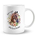 PUHEI Just A Girl Who Loves Horses 11 Ounces Ceramic Mug Cup, Floral Horse Coffee Tea Mug Cup, Gifts for Horse Lovers Horse Riders Girls Women